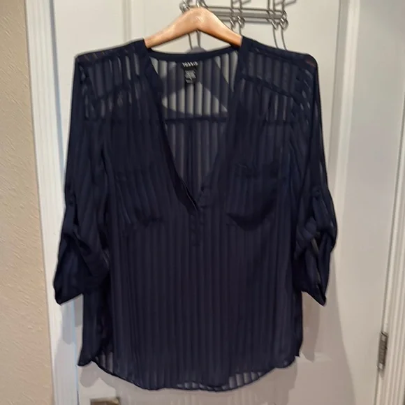 Torrid Blue Relaxed Ribbed Blouse with Mandarin Collar - Picture 2 of 3